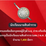รับสมัครและคัดเลือกบุคคลผู้มีวุฒิ ม.6, ปวช.หรือเทียบเท่า เพื่อบรรจุเป็นนักเรียนนายสิบตำรวจ (นสต.) พ.ศ. 2568 จำนวน 7,400 อัตรา อ่านต่อ >>>